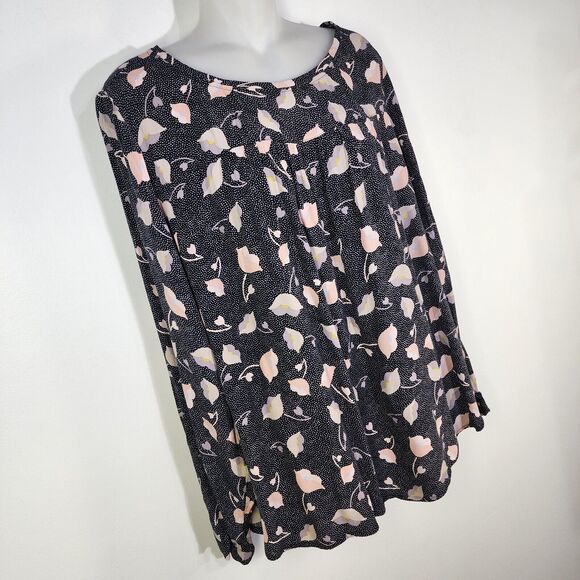 Ann Taylor Loft Blouse Large Floral Dot Black Pink Rayon Pullover Long Sleeve - Picture 4 of 10